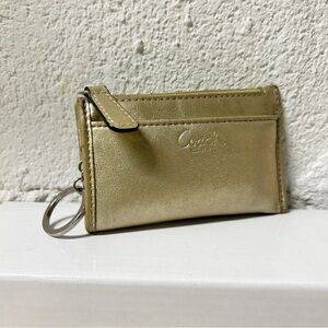 COACH Mini Skinny Leather Key Chain Coin ID Case Wallet Metallic Gold EUC